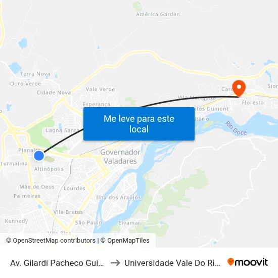 Av. Gilardi Pacheco Guimarães, 340 to Universidade Vale Do Rio Doce - Ceu map