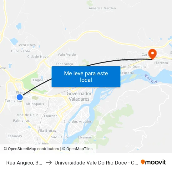 Rua Angico, 348 to Universidade Vale Do Rio Doce - Ceu map