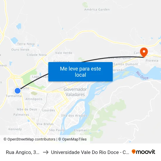 Rua Angico, 300 to Universidade Vale Do Rio Doce - Ceu map