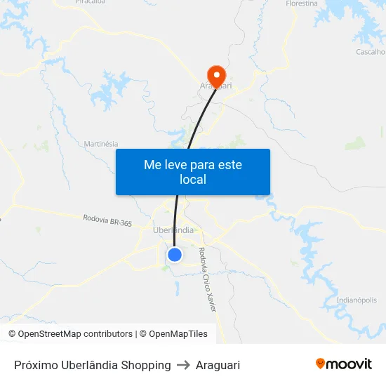 Próximo Uberlândia Shopping to Araguari map