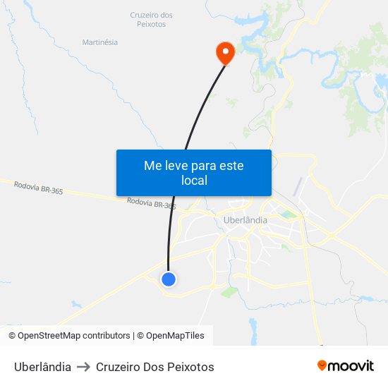 Uberlândia to Cruzeiro Dos Peixotos map