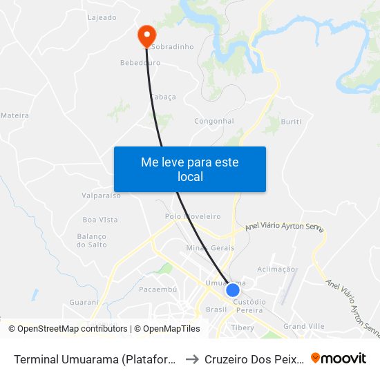 Terminal Umuarama (Plataforma B1) to Cruzeiro Dos Peixotos map