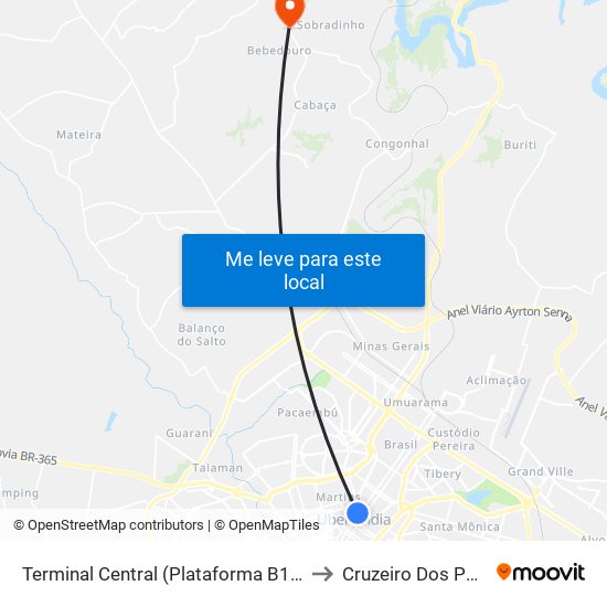 Terminal Central (Plataforma B1 - Amarelo) to Cruzeiro Dos Peixotos map