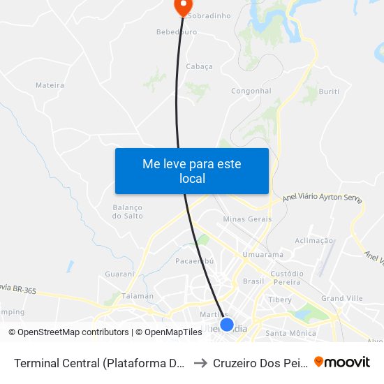 Terminal Central (Plataforma D1 - Verde) to Cruzeiro Dos Peixotos map