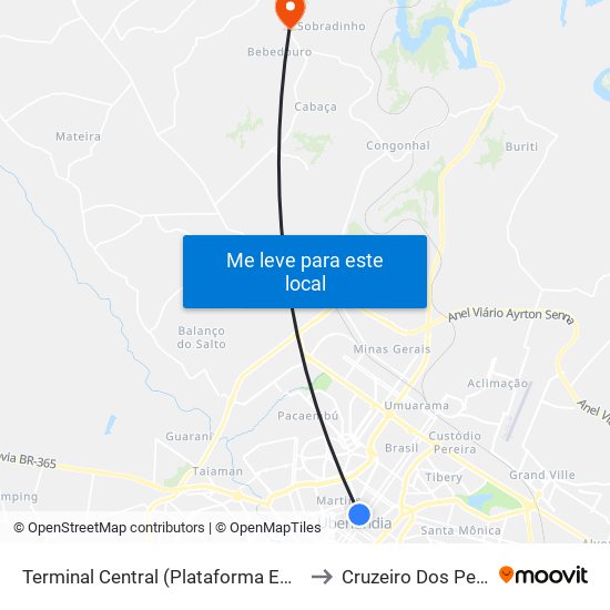 Terminal Central (Plataforma E2 - Laranja) to Cruzeiro Dos Peixotos map