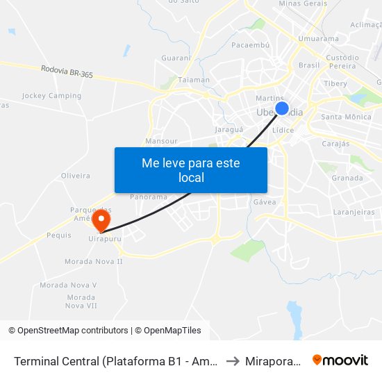 Terminal Central (Plataforma B1 - Amarelo) to Miraporanga map