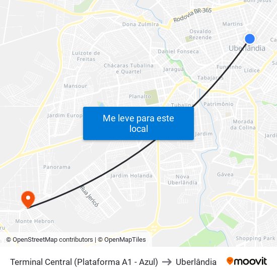 Terminal Central (Plataforma A1 - Azul) to Uberlândia map