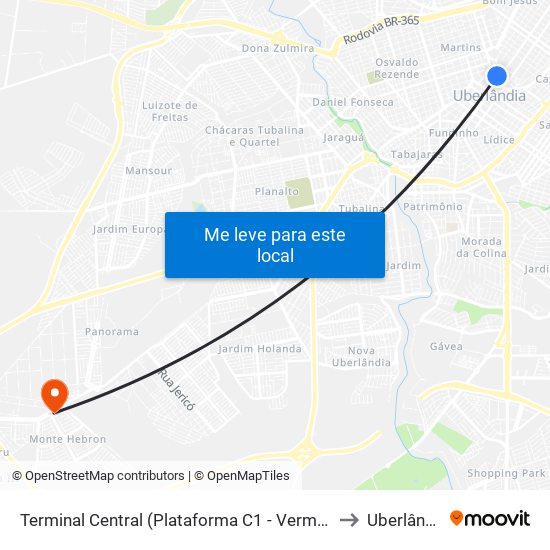 Terminal Central (Plataforma C1 - Vermelho) to Uberlândia map