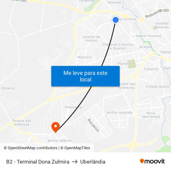 B2 - Terminal Dona Zulmira to Uberlândia map