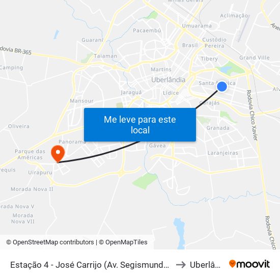 Estação 4 - José Carrijo (Av. Segismundo Pereira) to Uberlândia map