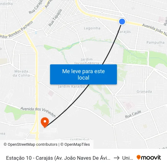 Estação 10 - Carajás (Av. João Naves De Ávila) to Unitri map