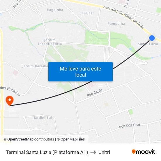 Terminal Santa Luzia (Plataforma A1) to Unitri map