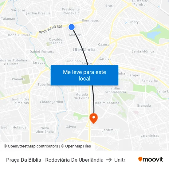 Praça Da Bíblia - Rodoviária De Uberlândia to Unitri map