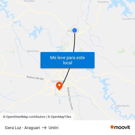 Gera Luz - Araguari to Unitri map