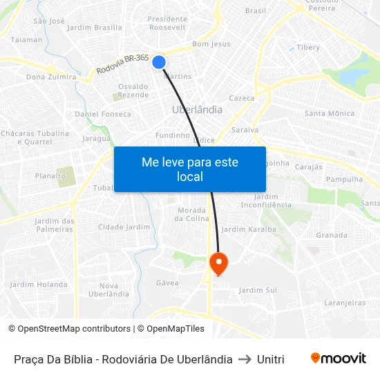 Praça Da Bíblia - Rodoviária De Uberlândia to Unitri map