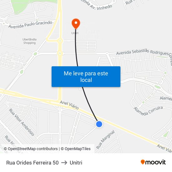 Rua Orides Ferreira 50 to Unitri map