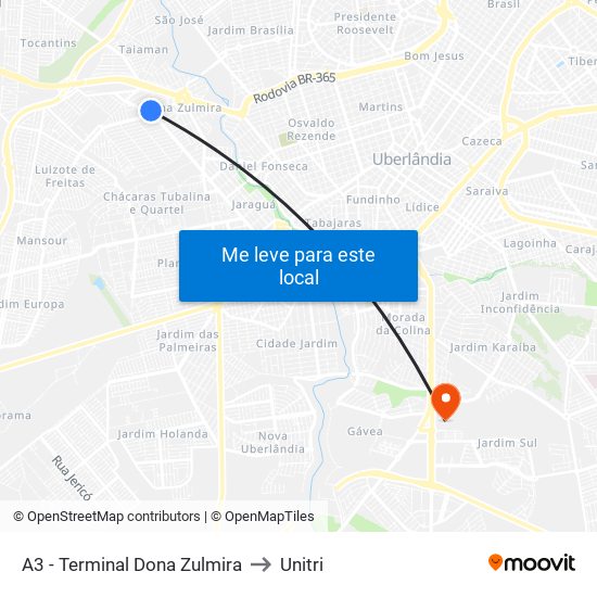 A3 - Terminal Dona Zulmira to Unitri map