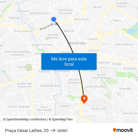 Praça César Lathes, 20 to Unitri map