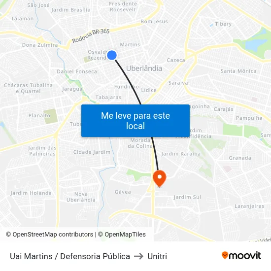 Uai Martins / Defensoria Pública to Unitri map