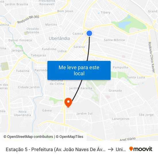 Estação 5 - Prefeitura (Av. João Naves De Ávila) to Unitri map