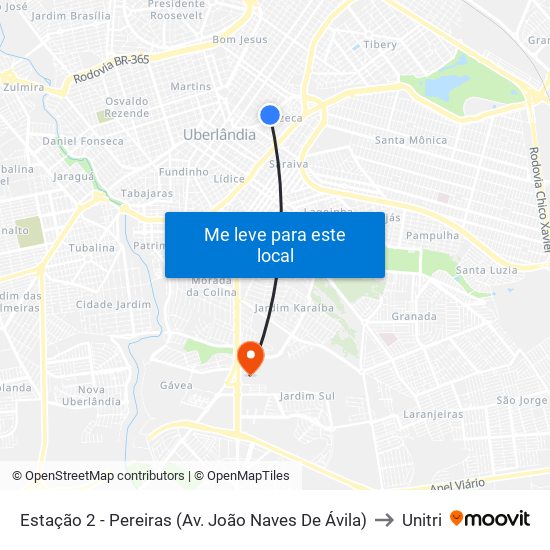 Estação 2 - Pereiras (Av. João Naves De Ávila) to Unitri map