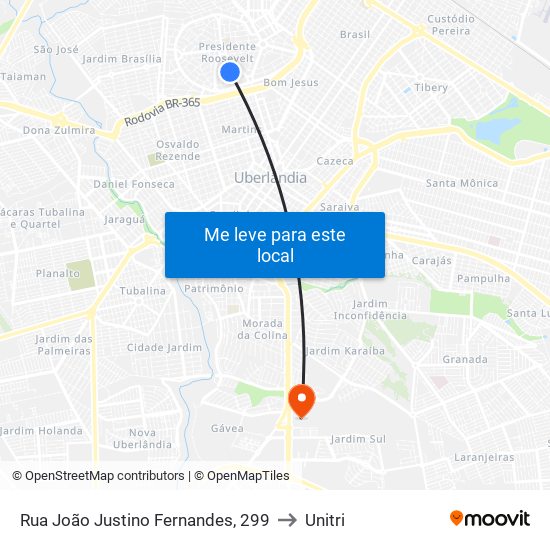 Rua João Justino Fernandes, 299 to Unitri map