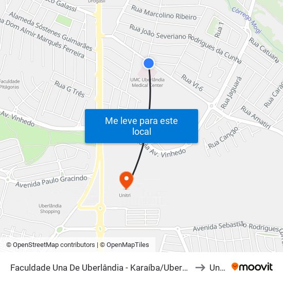 Faculdade Una De Uberlândia -  Karaíba/Ubershopping to Unitri map