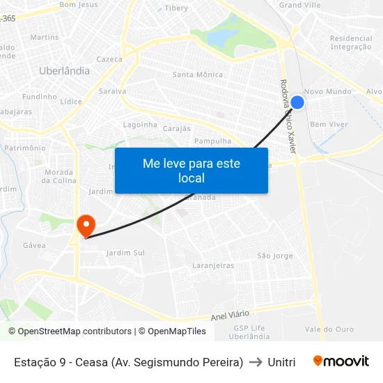 Estação 9 - Ceasa (Av. Segismundo Pereira) to Unitri map