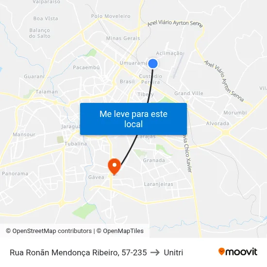 Rua Ronãn Mendonça Ribeiro, 57-235 to Unitri map