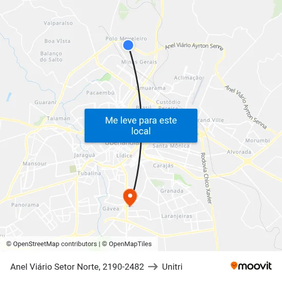 Anel Viário Setor Norte, 2190-2482 to Unitri map