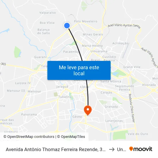 Avenida Antônio Thomaz Ferreira Rezende, 3993-4157 to Unitri map