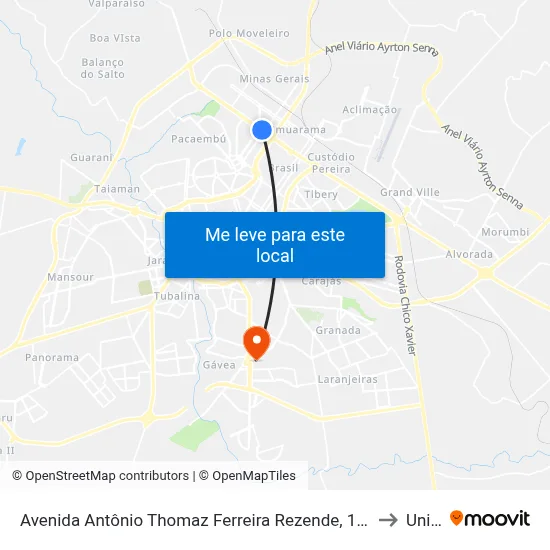 Avenida Antônio Thomaz Ferreira Rezende, 189-279 to Unitri map