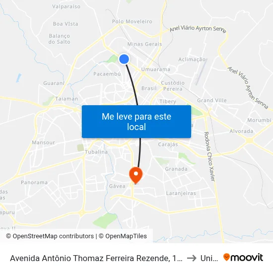 Avenida Antônio Thomaz Ferreira Rezende, 1730 to Unitri map