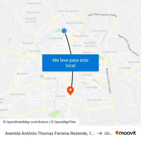 Avenida Antônio Thomaz Ferreira Rezende, 1617-1765 to Unitri map