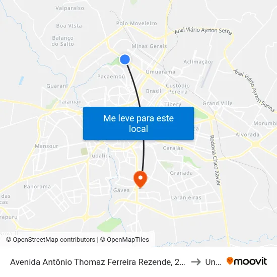 Avenida Antônio Thomaz Ferreira Rezende, 2174-6134 to Unitri map