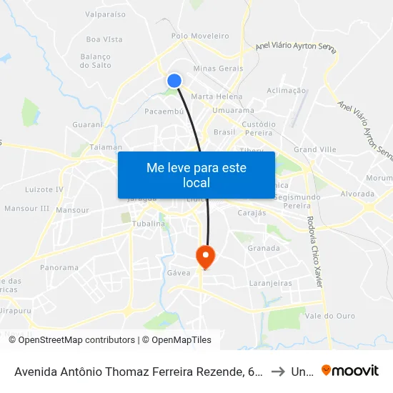 Avenida Antônio Thomaz Ferreira Rezende, 6617-6687 to Unitri map