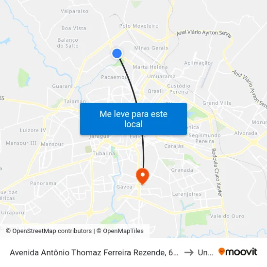 Avenida Antônio Thomaz Ferreira Rezende, 6969-7311 to Unitri map