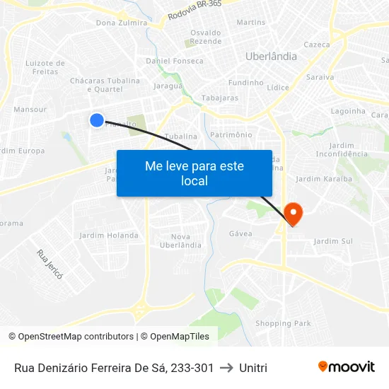 Rua Denizário Ferreira De Sá, 233-301 to Unitri map