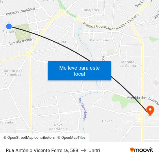 Rua Antônio Vicente Ferreira, 588 to Unitri map