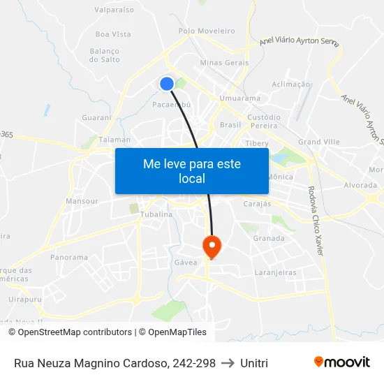 Rua Neuza Magnino Cardoso, 242-298 to Unitri map