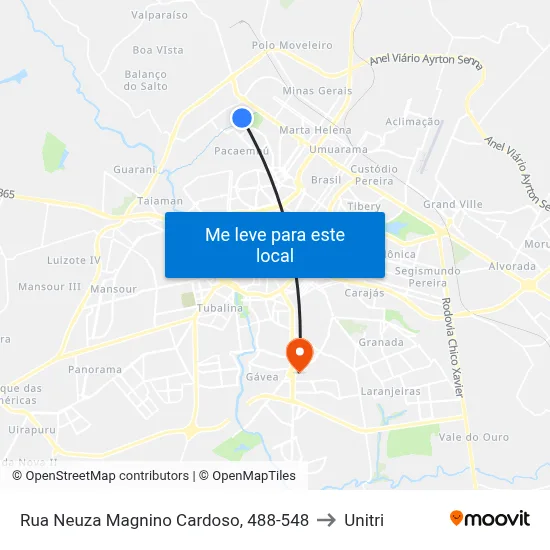 Rua Neuza Magnino Cardoso, 488-548 to Unitri map