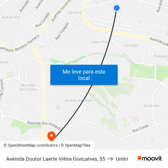 Avenida Doutor Laérte Viêira Gonçalves, 55 to Unitri map