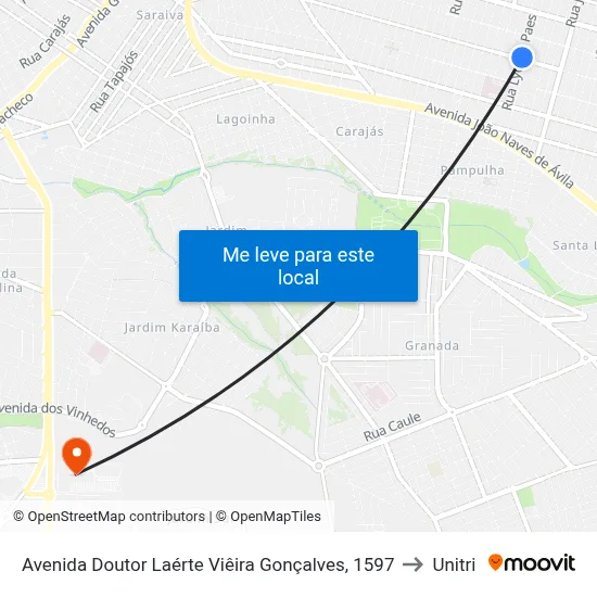 Avenida Doutor Laérte Viêira Gonçalves, 1597 to Unitri map