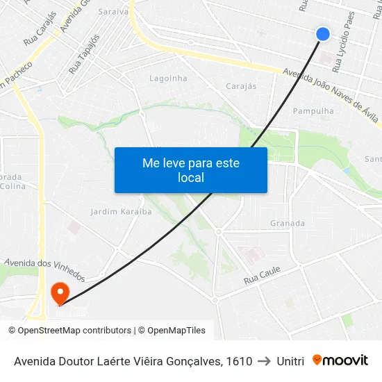 Avenida Doutor Laérte Viêira Gonçalves, 1610 to Unitri map