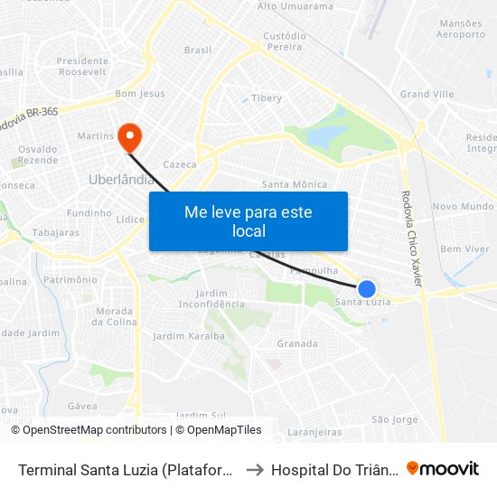 Terminal Santa Luzia (Plataforma B2) to Hospital Do Triângulo map