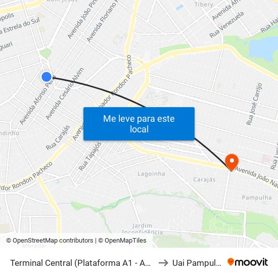 Terminal Central (Plataforma A1 - Azul) to Uai Pampulha map