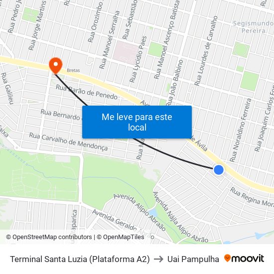 Terminal Santa Luzia (Plataforma A2) to Uai Pampulha map