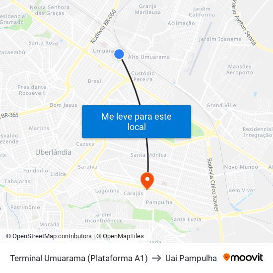 Terminal Umuarama (Plataforma A1) to Uai Pampulha map