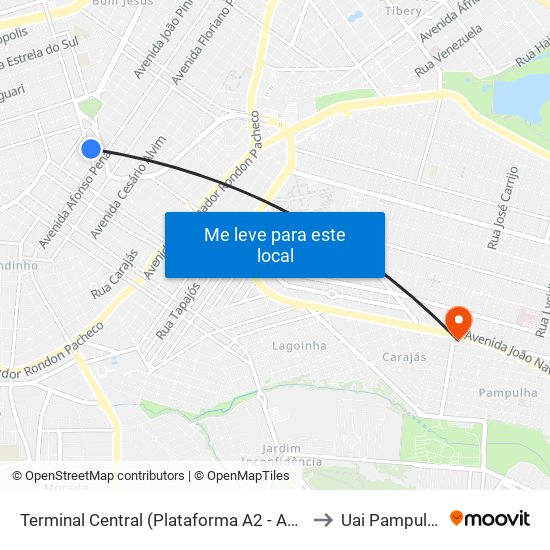 Terminal Central (Plataforma A2 - Azul) to Uai Pampulha map