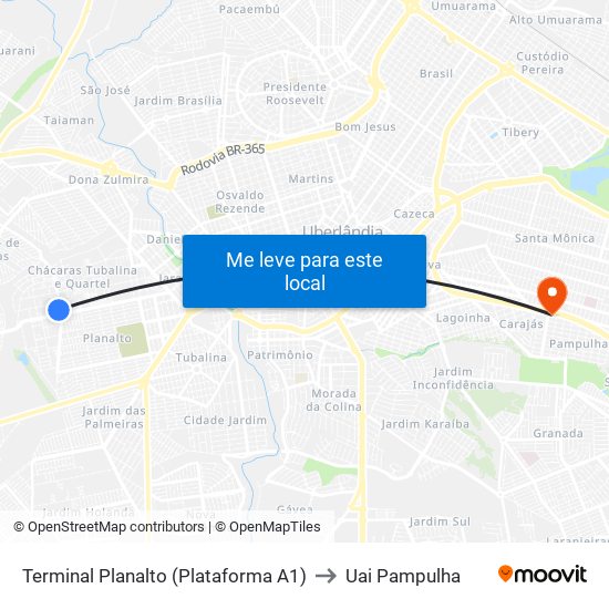 Terminal Planalto (Plataforma A1) to Uai Pampulha map